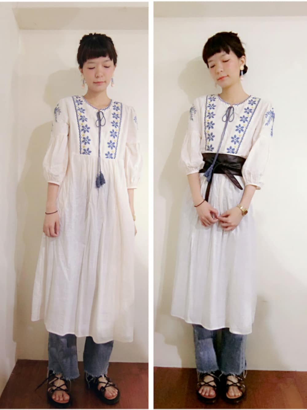 ホワイト系のワンピース、ブラック系のサンダル、ホワイト系のイヤリングを着用したレディースの春コーディネートの1枚目の写真