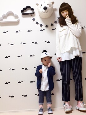 「H&M（エイチ・アンド・エム）のアイテム（シャツ/ブラウス、ホワイト系）」を使った、Minatonca*さん（キッズ・90cm）の冬コーディネート