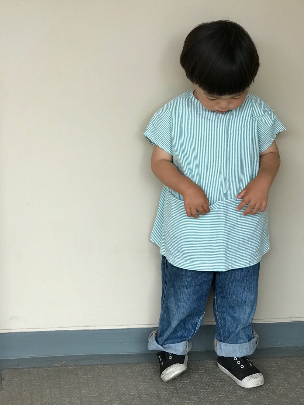 「handmade、ハンドメイド、babygap、ベビーギャップ、スリッポン」｜「Handmadeのアイテム（Tシャツ/カットソー、グリーン系）」を使った、あぢゃさん（キッズ・90cm）の夏コーディネートの1枚目の写真