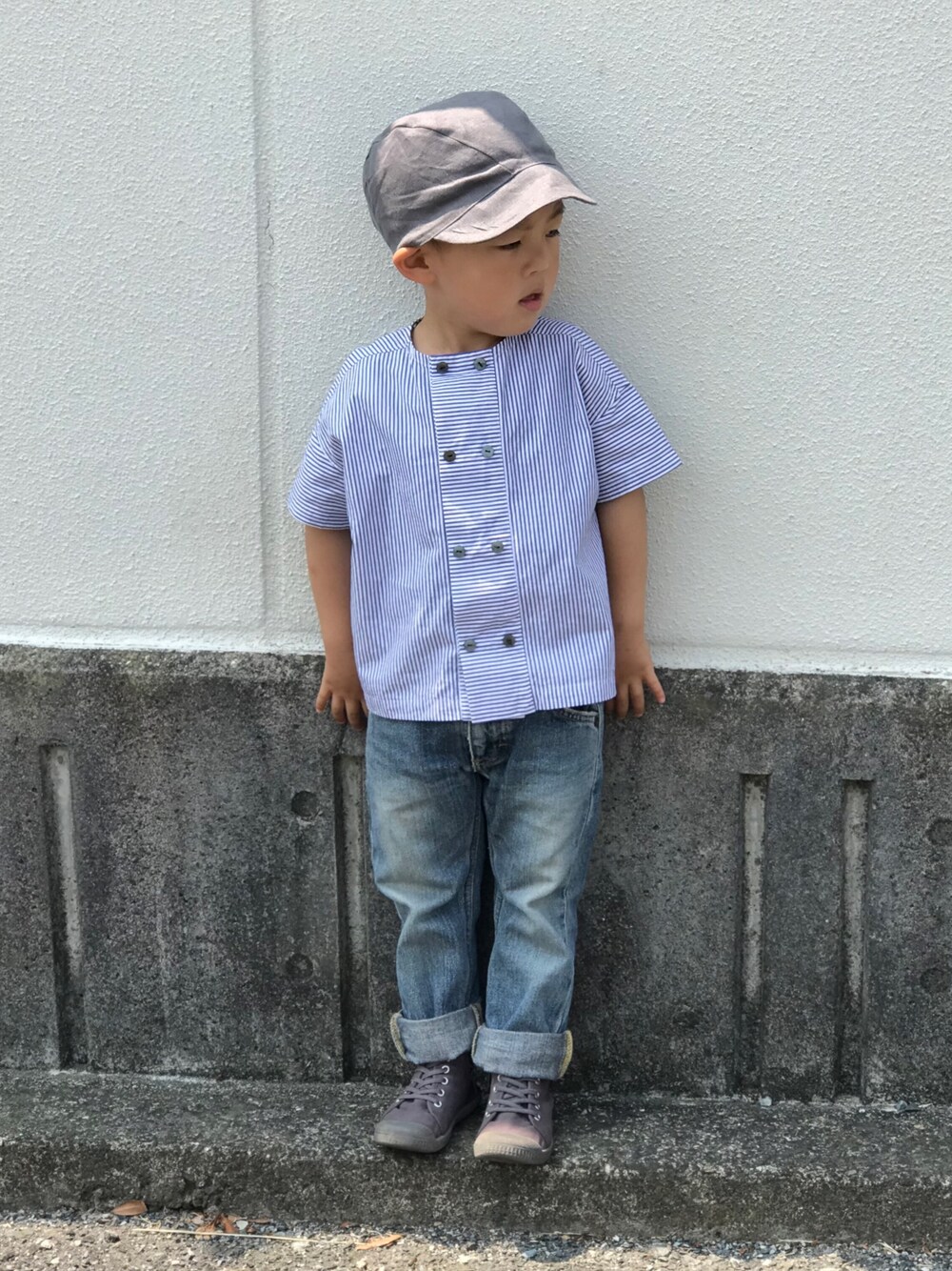「handmade、ハンドメイド、LEE」｜「Handmadeのアイテム（シャツ/ブラウス、ブルー系）」を使った、あぢゃさん（キッズ・74cm）の夏コーディネートの1枚目の写真