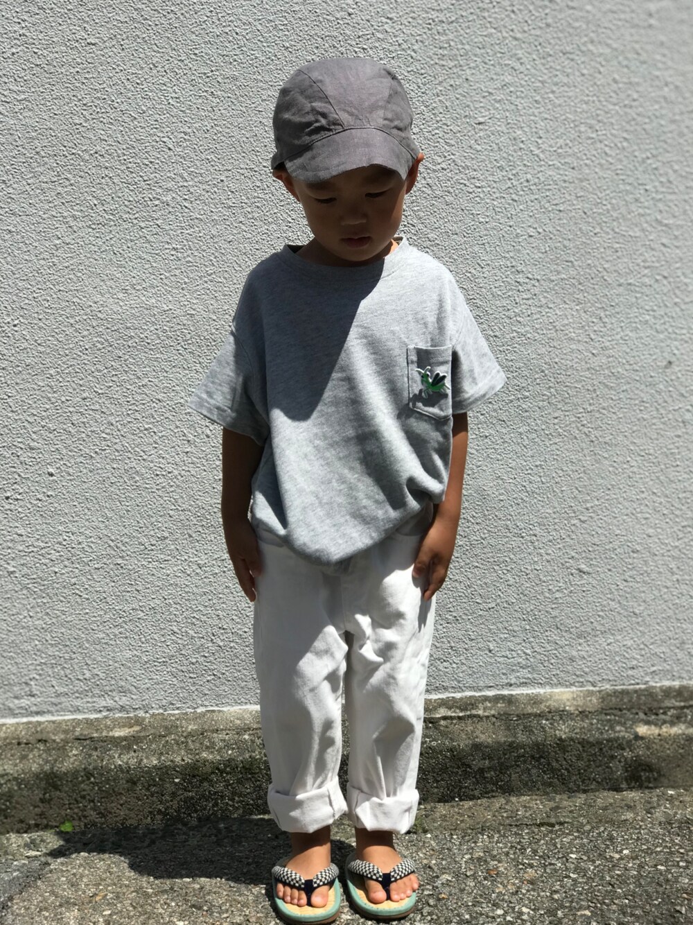 「ハンドメイド、handmade、GU、UNIQLO、ミサトっ子、insect collection、香川照之」｜「itoto(handmade)のアイテム（キャップ、グレー系）」を使った、あぢゃさん（キッズ・90cm）の夏コーディネートの1枚目の写真