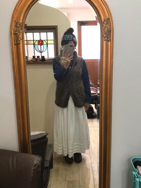 「ダンガリーシャツ」｜「アイテム（スカート）」を使った、Aki さん（レディース・157cm）の冬コーディネート