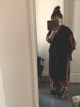 「ニコアンド」｜「アイテム（シャツワンピース）」を使った、Aki さん（レディース・157cm）の冬コーディネート