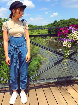 「UNIQLO（ユニクロ）のスーピマコットンリブクルーネックT（半袖）（Tシャツ/カットソー）」を使った、anje_chiさん（レディース・159cm）の夏コーディネート