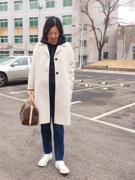 「アイテム（ピーコート、ホワイト系）」を使った、春日桑拓さん（レディース・170cm）の春コーディネート