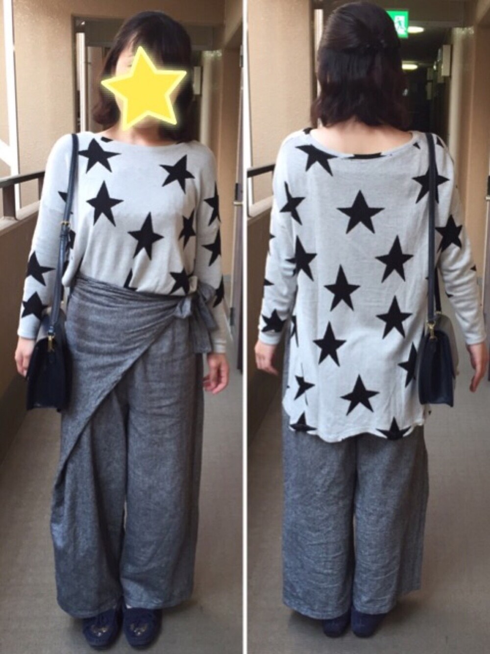 グレー系のニット/セーター、グレー系のその他パンツ、ブルー系のモカシン/デッキシューズを着用したレディースの春コーディネートの1枚目の写真