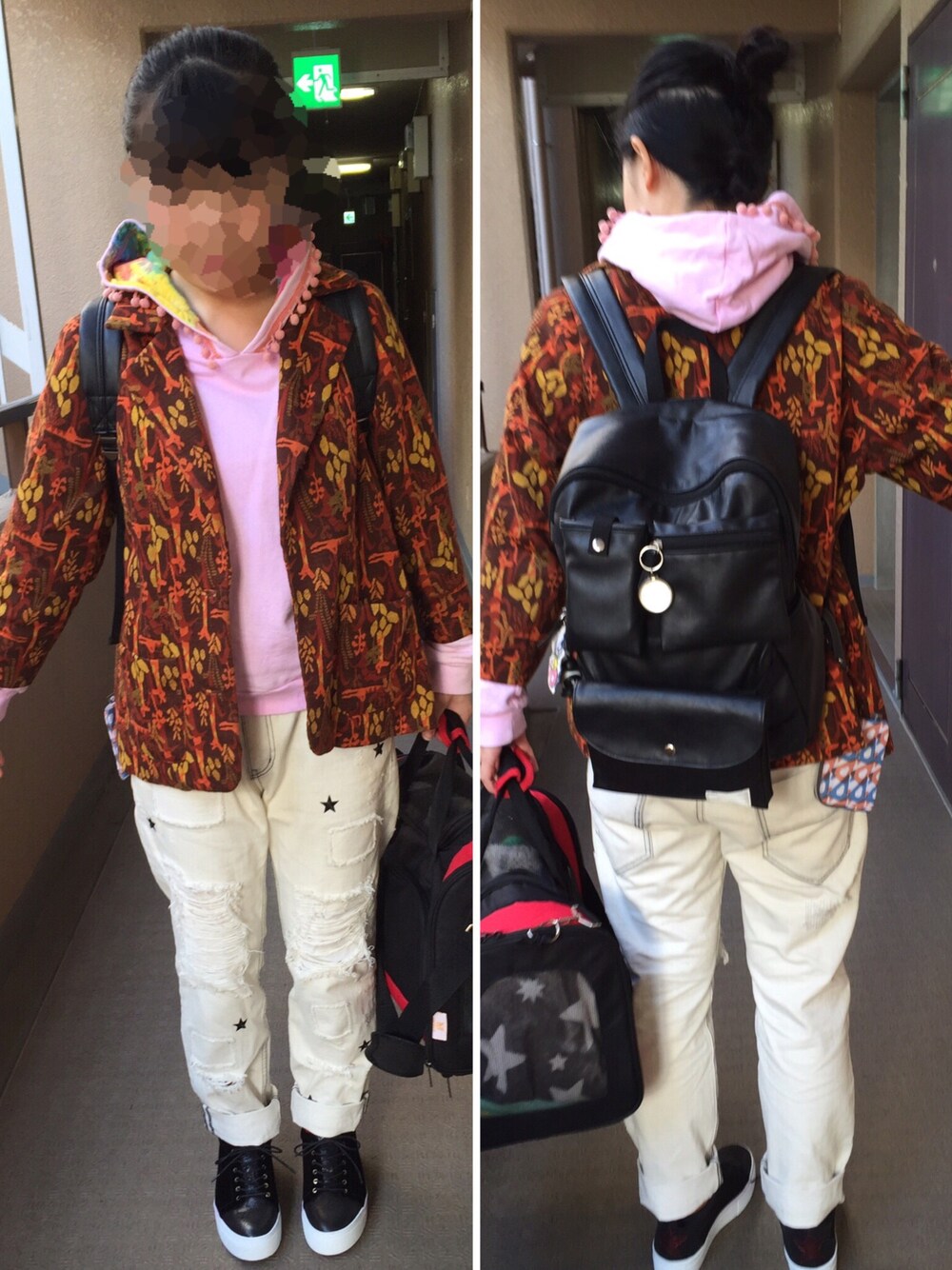 ホワイト系のデニムパンツ、ブラック系のバックパック/リュック、ピンク系のパーカーを着用したレディースの秋コーディネートの1枚目の写真
