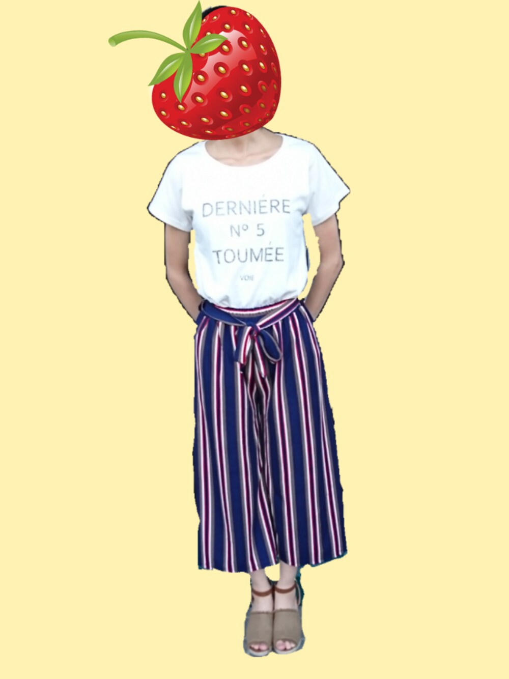 「summer、Tシャツ、カジュアルコーデ、サンダル、ワイドパンツ、ストライプ、夏コーデ、おしゃれ研究部、GU、大人カジュアル」｜「GUのアイテム（サンダル、ブラウン系）」を使った、sayaさん（レディース・163cm）の夏コーディネートの1枚目の写真