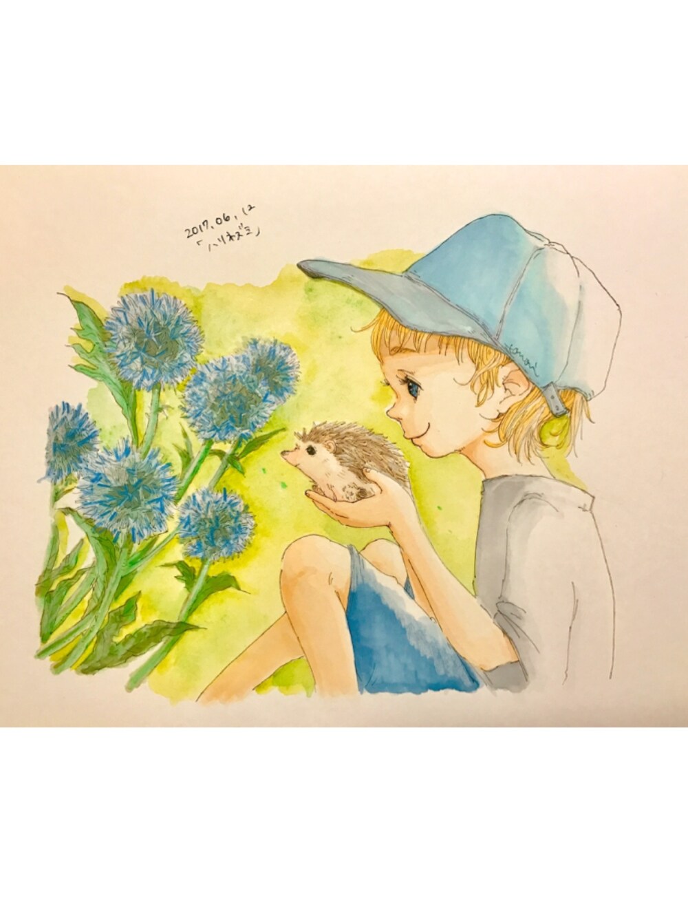 「ハリネズミ、キャップ」｜「知海のアイテム（ポスター/アート、グリーン系）」を使った、知海さん（レディース・156cm）の夏コーディネートの1枚目の写真