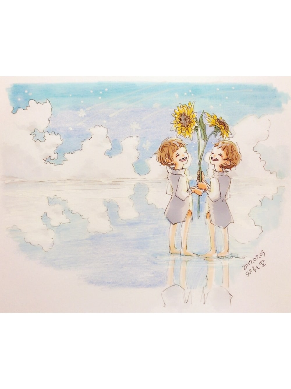 「双子、ウユニ塩湖、ひまわり、笑顔」｜「知海のアイテム（ポスター/アート、ブルー系）」を使った、知海さん（レディース・156cm）の夏コーディネートの1枚目の写真