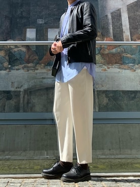 「ストライプ」｜「アイテム（ライダースジャケット）」を使った、Tokknさん（メンズ・173cm）の春コーディネート