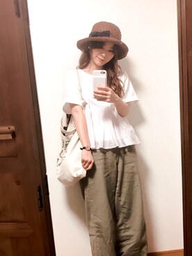 「niko and...（ニコアンド）のオリジナルペーパーリボンツバ広ハット【niko and ...】（ハット、ブラウン系）」を使った、minamiさん（レディース・156cm）の夏コーディネート