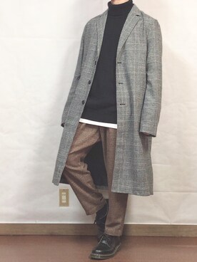 「koe（コエ）のアイテム（チェスターコート）」を使った、fumiyaさん（メンズ・170cm）の冬コーディネート