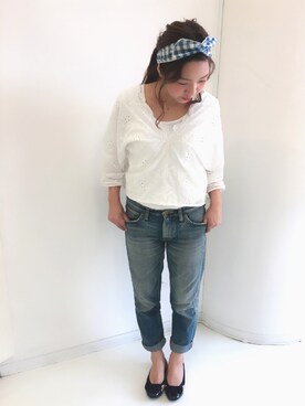 「no brand（ノーブランド）のアイテム（シャツ/ブラウス、ホワイト系）」を使った、yukariさん（レディース・153cm）の春コーディネート