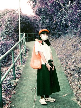 「no brand（ノーブランド）のアイテム（帽子、レッド系）」を使った、funnyさん（レディース・160cm）の秋コーディネート