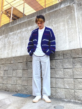 「古着のアイテム（カーディガン/ボレロ、ブルー系）」を使った、Masatoさん（メンズ・181cm）の春コーディネート