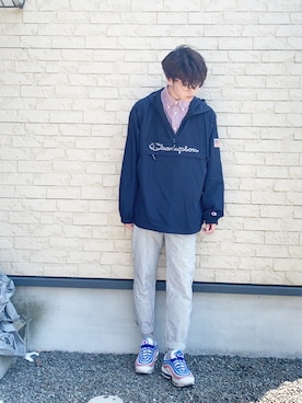 「アイテム（ナイロンジャケット、ブルー系）」を使った、山地百羅/2ndstreet staffさん（メンズ・177cm）の春コーディネート