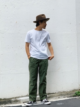 「schott（ショット）のSchott/ショット/ARMY FATIGUE PANTS/アーミー ファティーグ パンツ（その他パンツ）」を使った、I’Mさん（メンズ・181cm）の夏コーディネート