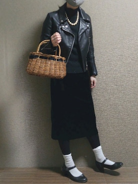 「ベロアスカート」｜「アイテム（ライダースジャケット）」を使った、zyun1977bさん（レディース・163cm）の春コーディネート