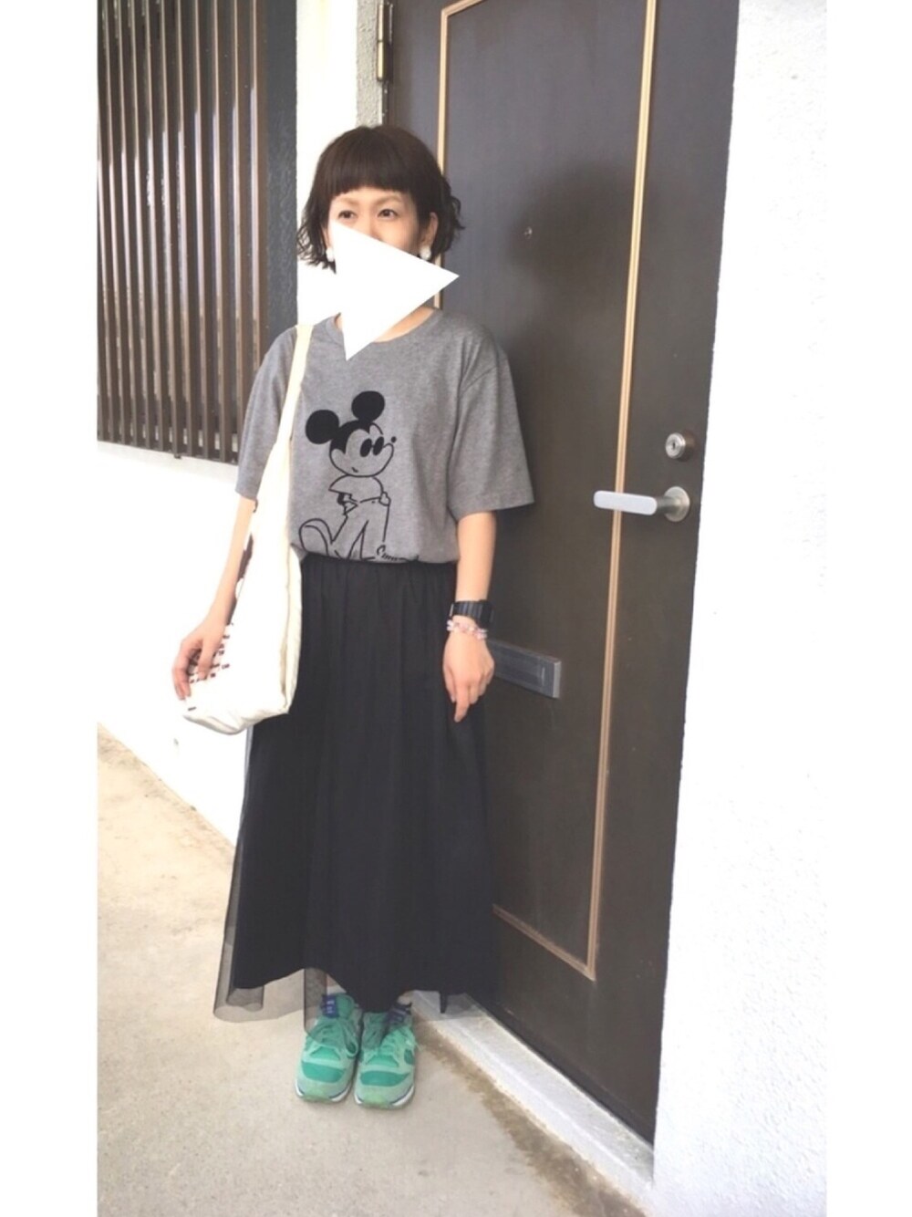 「シンプルコーデ、低身長、ママコーデ、パッツン前髪、チュールスカート、Tシャツ」｜「jemmaのアイテム（イヤリング、ホワイト系）」を使った、ゆきんこさん（レディース・155cm）の夏コーディネートの1枚目の写真