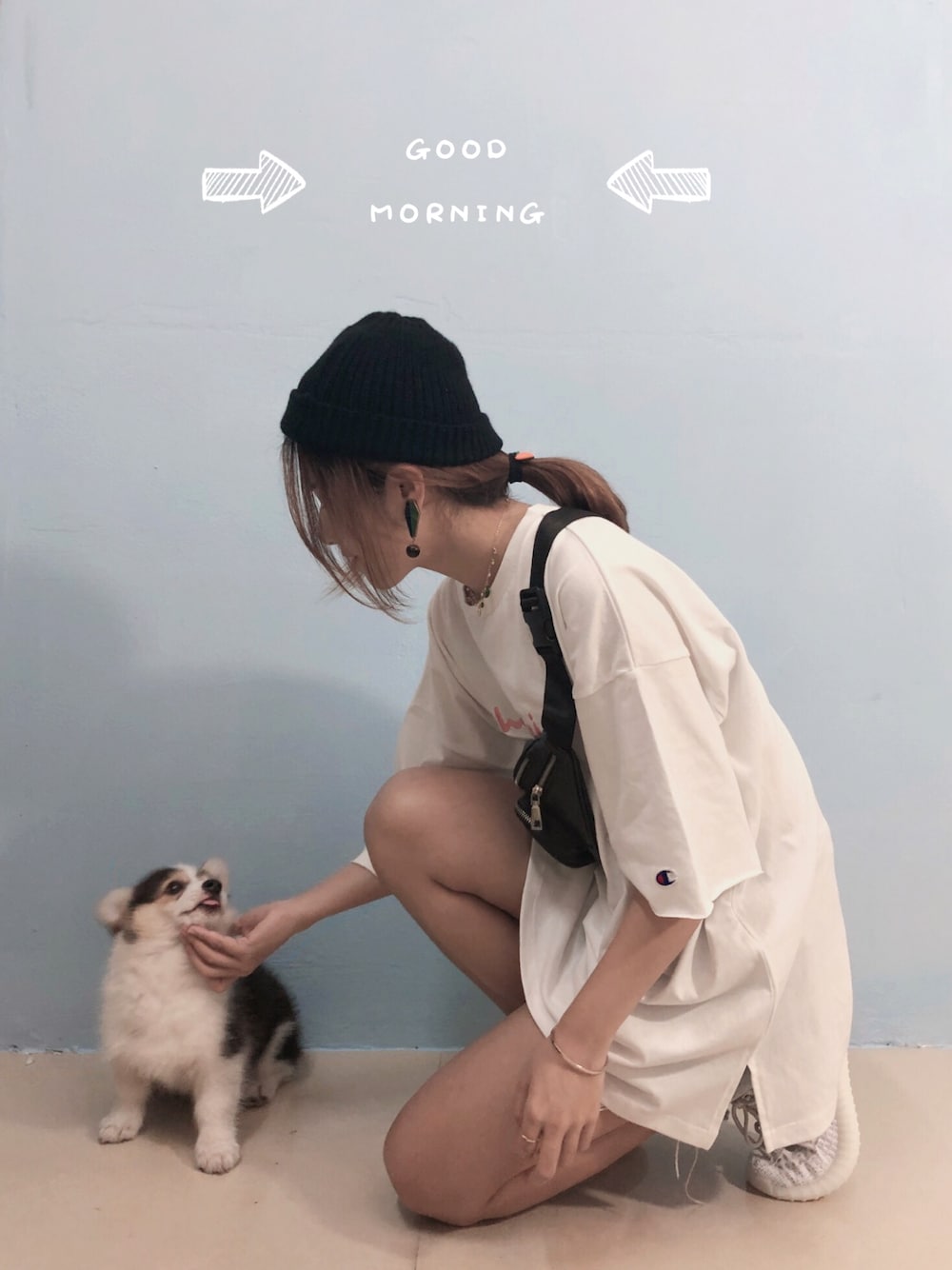 「狗狗、夏、运动 」｜「Championのアイテム（Tシャツ/カットソー、ホワイト系）」を使った、微胖尼莫さん（レディース・162cm）の春コーディネートの1枚目の写真