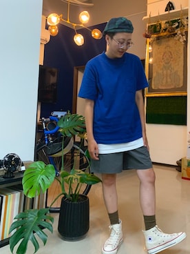 「plain-me（プレインミー）のアイテム（Tシャツ/カットソー）」を使った、chocoさん（メンズ・163cm）の夏コーディネート