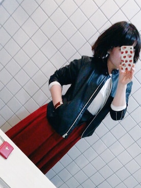 「ぽっちゃりコーデ」｜「アイテム（ライダースジャケット）」を使った、末期ちゃんさん（レディース・158cm）の春コーディネート