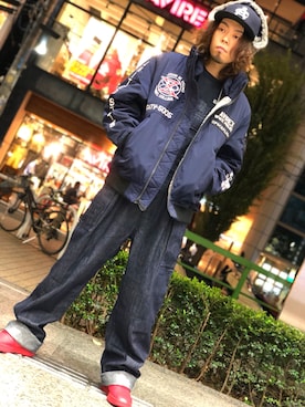 「AVIREX（アヴィレックス）のアイテム（サロペット/オーバーオール）」を使った、すぎたさん（メンズ・171cm）の夏コーディネート