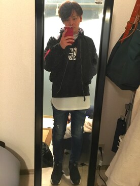 「Alpha Industries（アルファインダストリーズ）の【人気！定番アイテム】 ＡＬＰＨＡ　MA-1　タイトモデル（MA-1、ブラック系）」を使った、2424さん（メンズ・176cm）の冬コーディネート