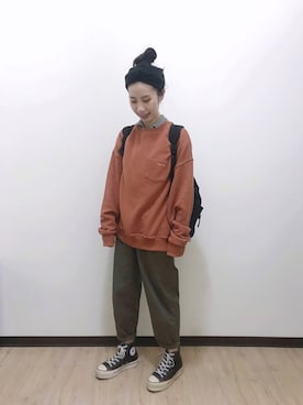 「PAZZO（パッゾ）のアイテム（ジャージ、オレンジ系）」を使った、momoさん（レディース・158cm）の春コーディネート