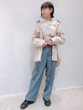 「センタープレスパンツ」｜「アイテム（ミリタリージャケット）」を使った、まゆたんぺさん（レディース・155cm）の冬コーディネート