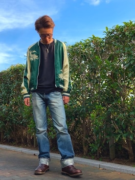 「no brand（ノーブランド）のアイテム（スカジャン）」を使った、U-suiさん（メンズ・169cm）の秋コーディネート