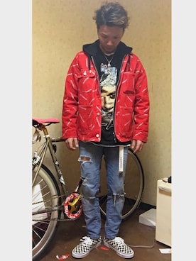 「アイテム（カバーオール、レッド系）」を使った、Tanaka Maruさん（メンズ・166cm）の春コーディネート