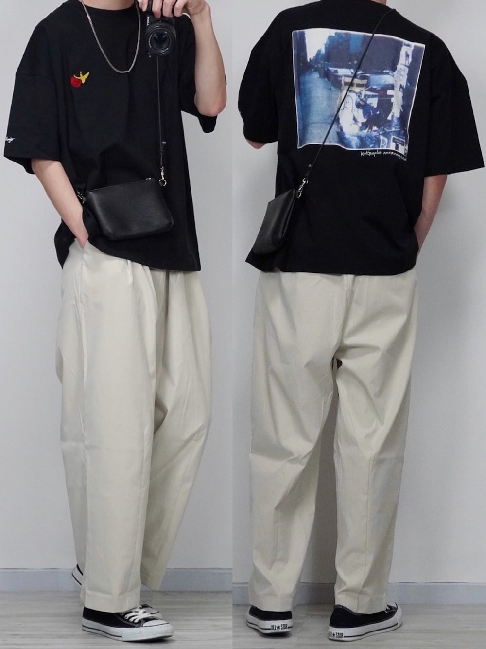 ブラック系のTシャツ/カットソー、ホワイト系のパンツ、ブラック系のスニーカーを着用したメンズの春コーディネートの1枚目の写真