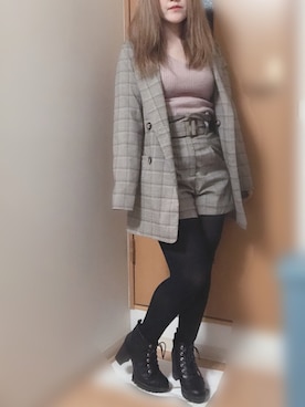 「グレンチェック」｜「アイテム（アナログ腕時計）」を使った、獏さん（レディース・153cm）の春コーディネート