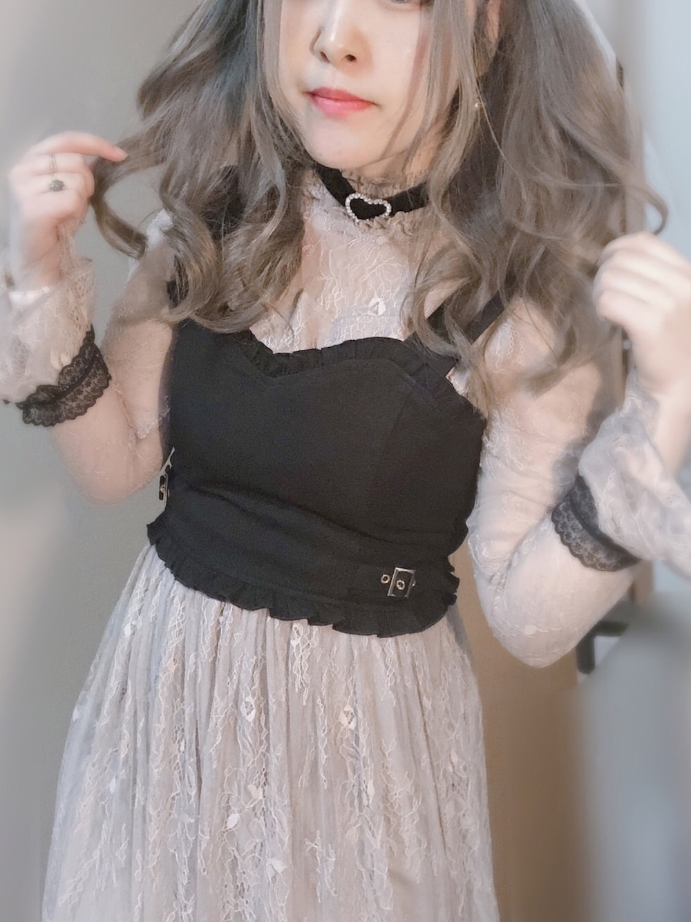 「地雷、地雷女、rojita、ピンク、ビスチェ、レース、レースワンピース、黒×ピンク、ツインテール、量産型」｜「ROJITAのチョーカー×ビスチェセットOP（ワンピース、ピンク系）」を使った、獏さん（レディース・153cm）の夏コーディネートの1枚目の写真