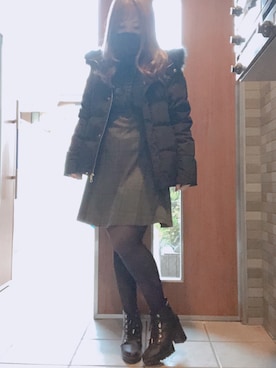 「チェックワンピース」｜「アイテム（ダウンジャケット/コート）」を使った、獏さん（レディース・153cm）の冬コーディネート