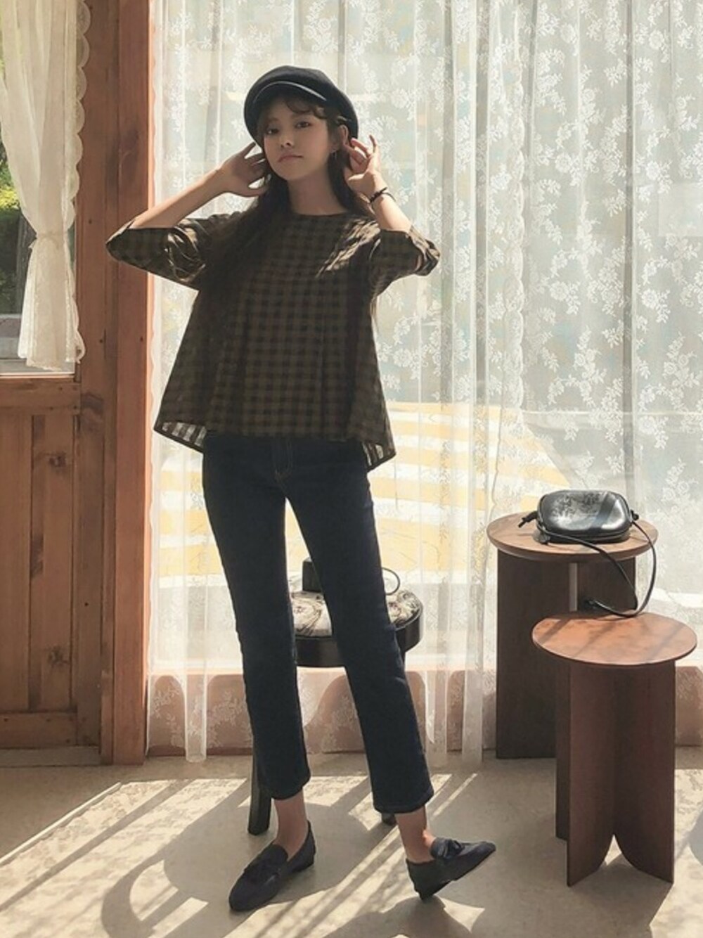 「チェック、ブラウス、大人カジュアル、カーキ、ロングスカート、プチプラコーデ、韓国ファッション、cherrykoko、秋コーデ」｜「CHERRYKOKOのcharming check, blouse（シャツ/ブラウス、その他）」を使った、CHERRYKOKO (チェリーココ)さん（レディース・163cm）の夏コーディネートの1枚目の写真