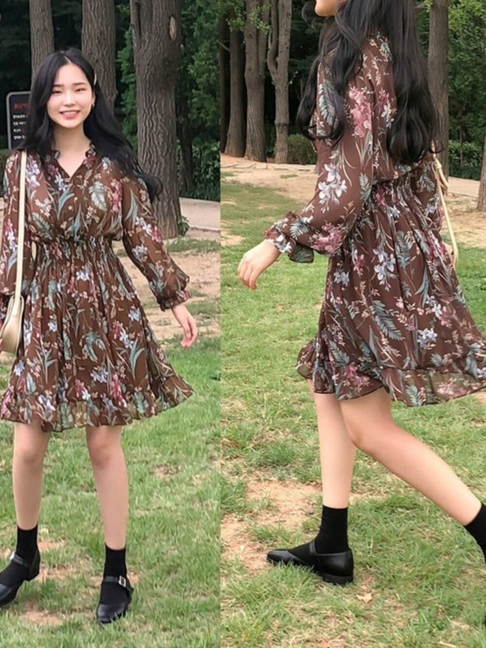 「ワンピース、花柄、秋のコーデ、デート、大人可愛い、韓国ファッション、cherrykoko」｜「CHERRYKOKOのmos flower, ops（ワンピース、ブラウン系）」を使った、CHERRYKOKO (チェリーココ)さん（レディース・163cm）の秋コーディネートの1枚目の写真
