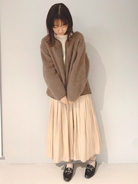 「earth music&ecology（アースミュージックアンドエコロジー）のパイピングボアコート(ショート) ＊（ブルゾン）」を使った、yuunaさん（レディース・157cm）の秋コーディネート