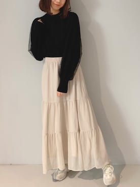 「earth music&ecology（アースミュージックアンドエコロジー）のアイテム（ニット/セーター、ブラック系）」を使った、yuunaさん（レディース・157cm）の冬コーディネート