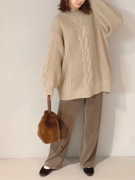 「ケーブルニット」｜「アイテム（トートバッグ）」を使った、yuunaさん（レディース・157cm）の冬コーディネート