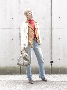 「TOGA（トーガ）のアイテム（ライダースジャケット）」を使った、junnaさん（レディース・161cm）の春コーディネート
