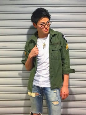 「marka（マーカ）のアイテム（ミリタリージャケット）」を使った、住 健太郎さん（メンズ・178cm）の春コーディネート