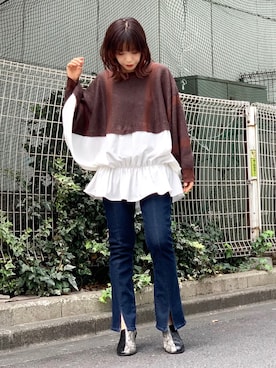 「OSMOSIS（オズモーシス）のアイテム（ニット/セーター、ブラウン系）」を使った、mizukiさん（レディース・156cm）の秋コーディネート