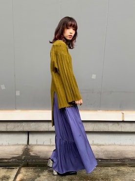 「OSMOSIS（オズモーシス）のアイテム（ニット/セーター、グリーン系）」を使った、mizukiさん（レディース・156cm）の秋コーディネート