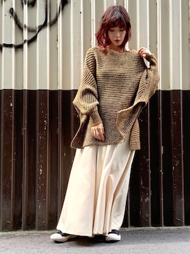 「OSMOSIS（オズモーシス）のアイテム（ニット/セーター、グリーン系）」を使った、mizukiさん（レディース・156cm）の秋コーディネート