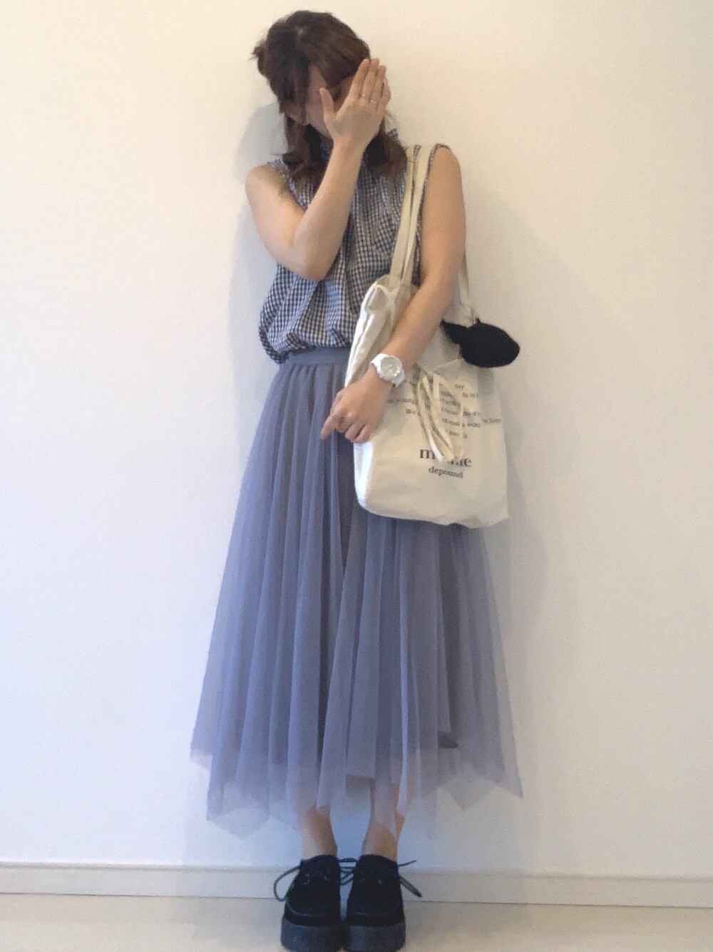 「ootd、低身長、152cm、タンクトップ、チュールスカート、chocomee、popupshop、ハーフアップお団子」｜「chocomeeのアイテム（トップス、ブラック系）」を使った、yuri*さん（レディース・153cm）の夏コーディネートの1枚目の写真