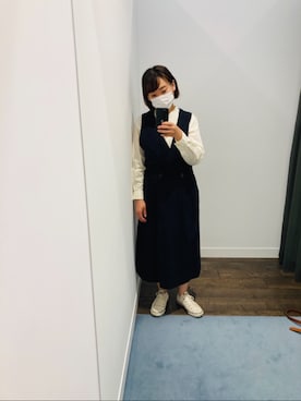 「MHL.（エムエイチエル）のアイテム（オールインワン・サロペット）」を使った、守屋綾さん（レディース・158cm）の春コーディネート