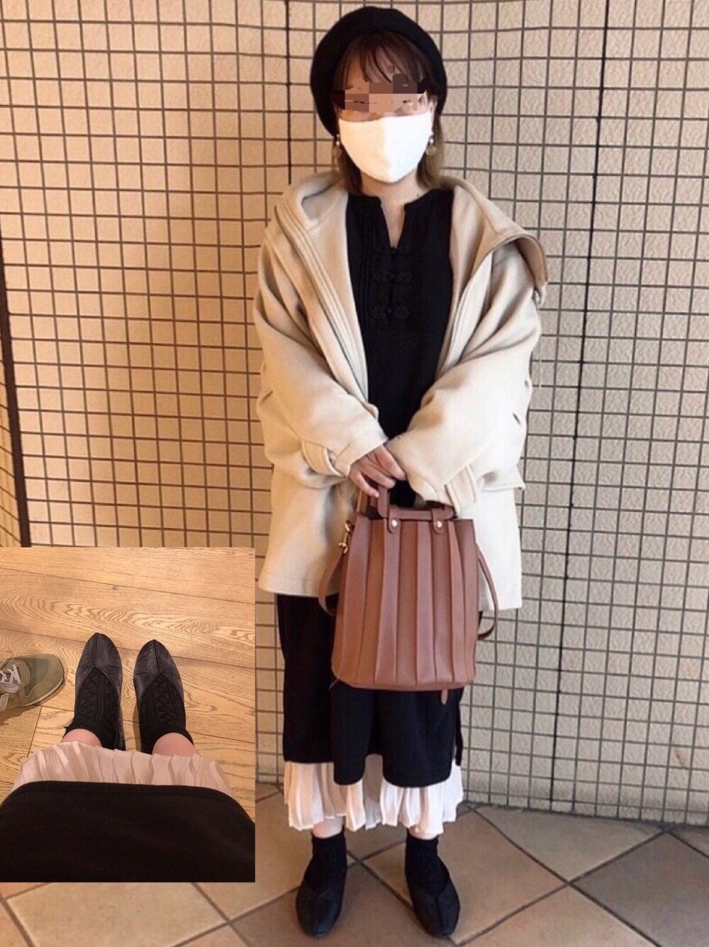 「カンフーシューズ、チャイナボタン、チャイナワンピース、スウェットワンピース、ベレー帽、プリーツバッグ、チャイナコーデ、チャイナシューズ」｜「しまむらのアイテム（ハンチング/ベレー帽、ブラック系）」を使った、x 𝕟𝕚𝕛𝕚𝕞𝕒𝕤𝕦 xさん（レディース・154cm）の冬コーディネートの1枚目の写真